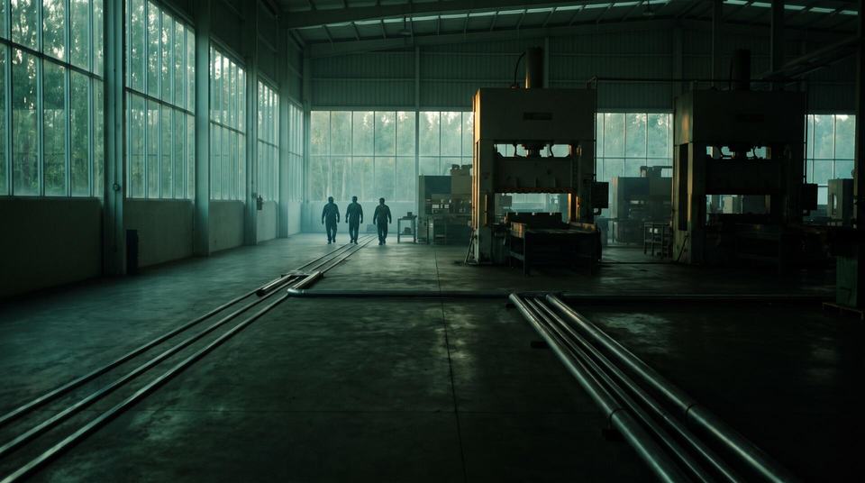 Nave industrial con trabajadores caminando entre prensas